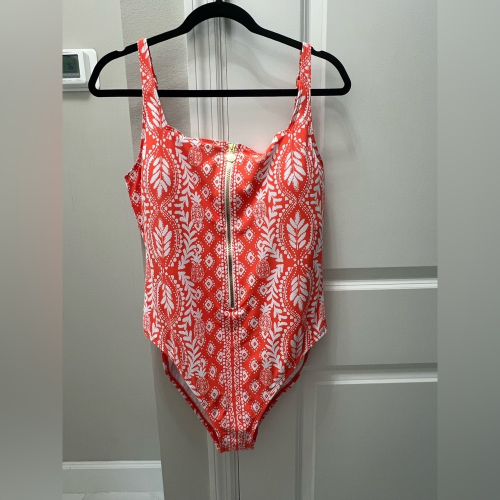 Orange Coral and White Patterned Swimsuit